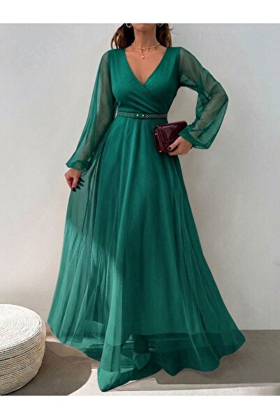 mass fashion Γυναικείο μακρύ φόρεμα από τούλι με διπλό γιακά και ζώνη