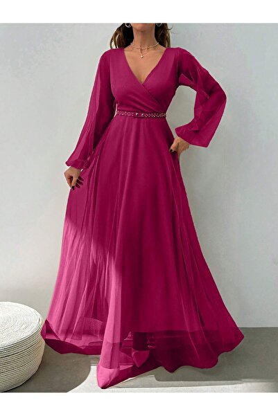 mass fashion Γυναικείο μακρύ φόρεμα από τούλι με διπλό γιακά και ζώνη
