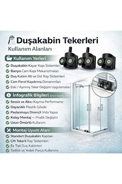 Yıldızan srdshop Duşakabin Tekerlek Seti 4 Adet (2 Üst + 2 Alt) 2x2 Sistem Uy...