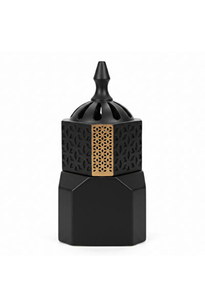 AKDC Black Ceramic Incense Burner — Hexagonal Bakhoor Mabkhara | 14 cm