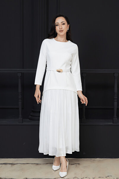 BEYBOS Üst Atlas Alt Chiffon Long Dress - White