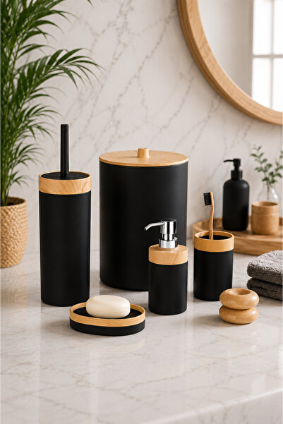Karçiçeği Home Black Bamboo Detailed 5-Piece Luxury Bathroom Set – Liquid Soa...