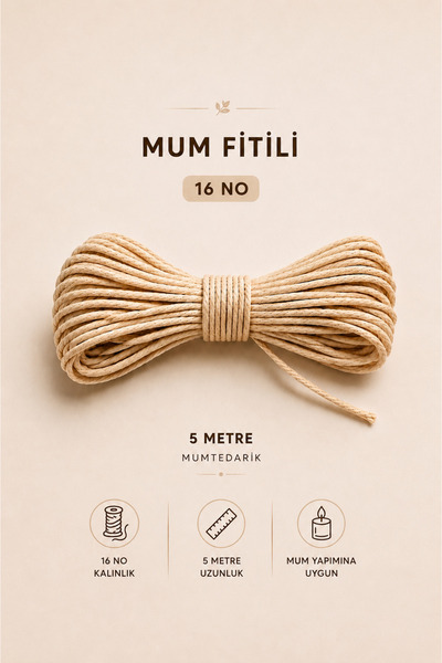 MUMTEDARİK Mum Fitili 16 No 5 Metre | Kalın Mum İpi Mum Yapımı İçin