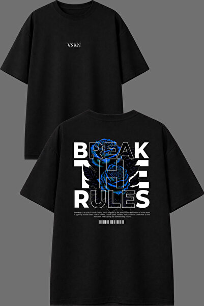 VSRN تي شيرت أسود كبير الحجم بتصميم Break Rul مطبوع من الأمام والخلف