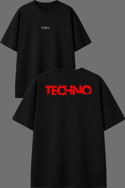 VSRN Red Techno Design Front and Back Printed Black Oversize T-Shirt