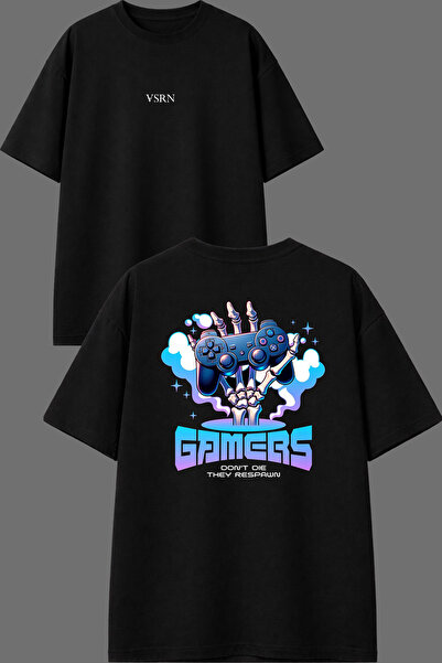VSRN تي شيرت أسود كبير الحجم مطبوع من الأمام والخلف بتصميم Gamers Design