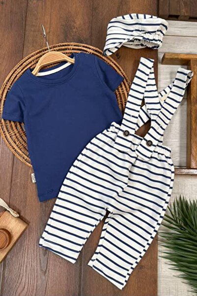 Minigimin Cicileri My Little One's Striped Slopet and Hat Baby Boy Set - Blue
