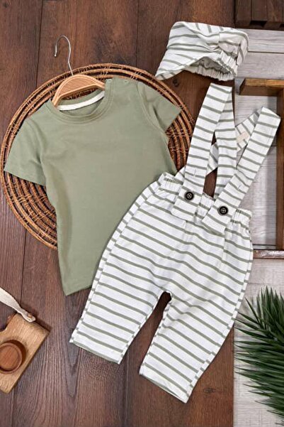 Minigimin Cicileri My Little One's Striped Slopet and Hat Baby Boy Set - Green