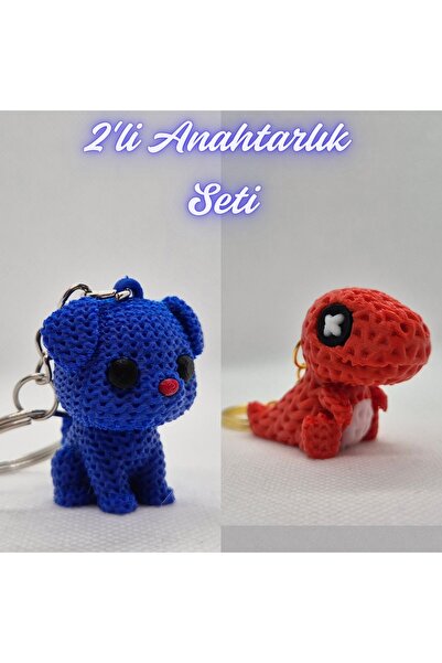 3DAtölyeMaker Blue Knitted Patterned Dog and Red Knitted Patterned Moving Din...
