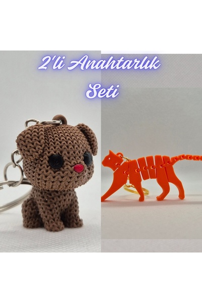 3DAtölyeMaker Dark Brown Knitted Patterned Dog and Orange Flexible Cat Keychain
