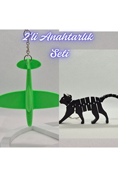 3DAtölyeMaker Green Airplane and Black Flexible Cat Keychain