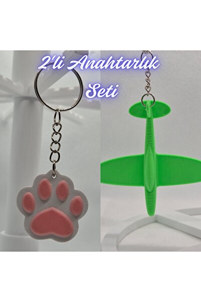 3DAtölyeMaker Light Pink Cat Paw and Green Airplane Keychain