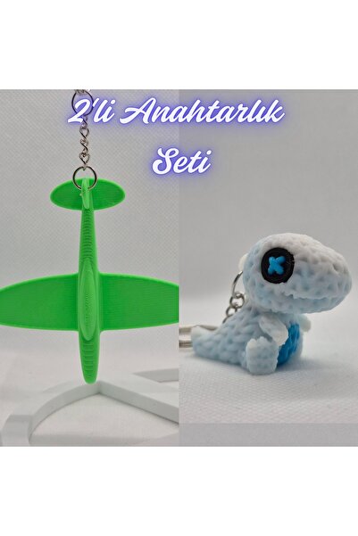 3DAtölyeMaker Green Airplane and White Knitted Pattern Moving Dino Keychain