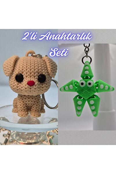 3DAtölyeMaker Cream Knitted Patterned Dog and Green Moving Starfish Keychain