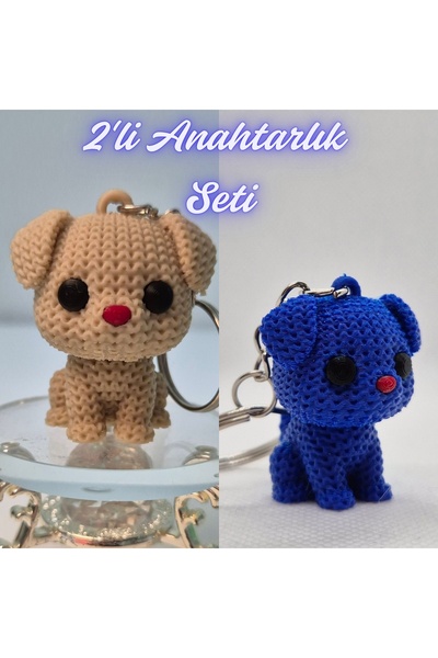3DAtölyeMaker Cream Knitted Patterned Dog Keychain and Blue Knitted Patterned...