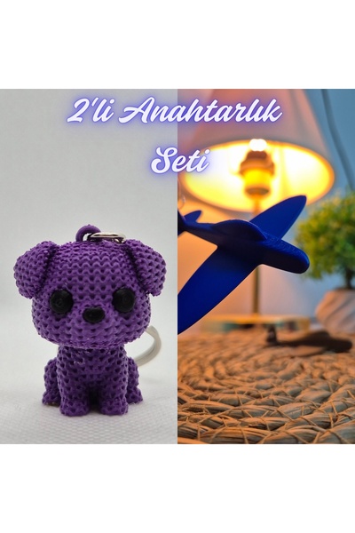 3DAtölyeMaker Purple Knitted Patterned Dog and Blue Airplane Keychain