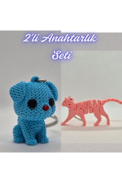 3DAtölyeMaker Light Blue Knitted Patterned Dog and Light Pink Flexible Cat Ke...