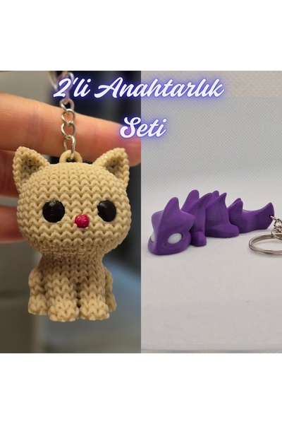 3DAtölyeMaker Cream Knitted Patterned Cat and Purple Flexible Dragon Keychain