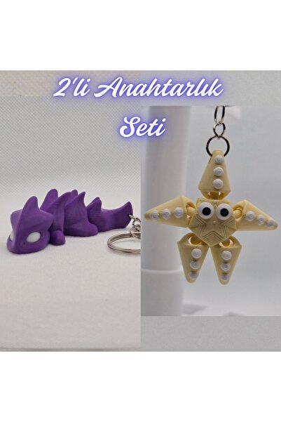 3DAtölyeMaker Purple Flexible Dragon and Light Yellow Moving Starfish Keychain