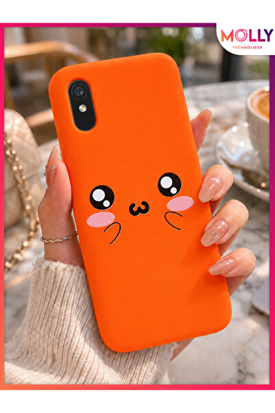 Molly REDMİ 9A İçin Turuncu Kawaii Sevimli Yüz Desenli Silikon Kılıf
