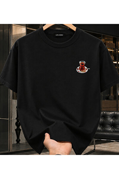 LELVANİ Tricou unisex cu imprimeu ceașcă de ceai și decolteu tip crewneck