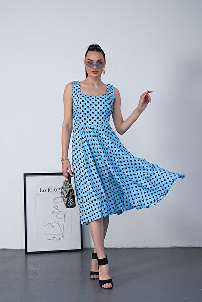 NAVY Strappy Square Neck Polka Dot Patterned Midi Dress