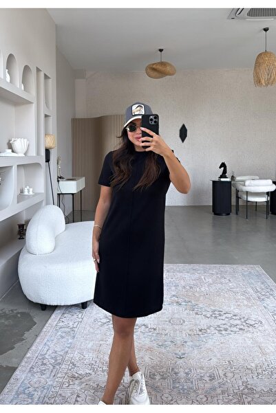 Butik Siyah Çımalı Modal Basic Elbise