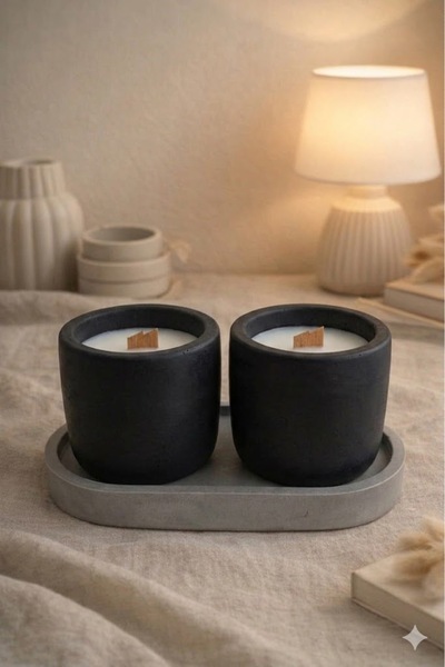 Marne Candle - Stone Ritual Dual - İkili Beton Kasede Doğal Soya Mumu Ahşap Fitilli Kokulu Mum Seti