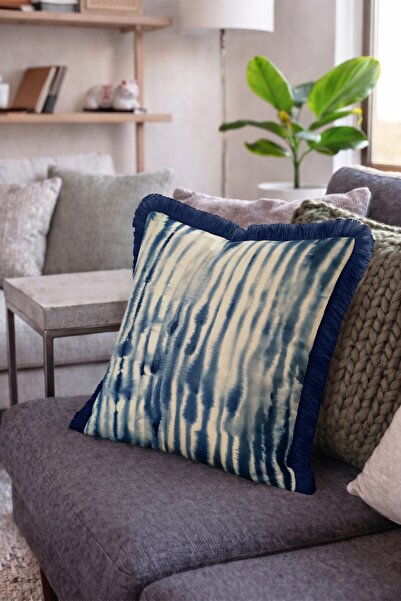 IdeCraft Batik Striped Fringed Throw Pillow Cover - Navy Blue Tasseled Cream ...