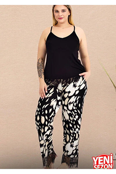 Yare Lady Plus Size Patterned Legs Lace Detailed Pajama Suspender Lace Top Pa...