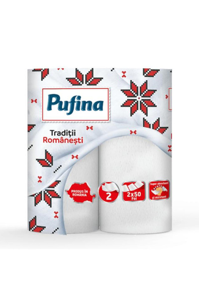PUFINA Set of 12 x Romanian Traditions Paper Towels, 2 Layers, 2 Rolls