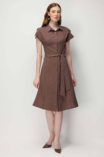 ON Shoulder Padded Belted Waist Belted Midi Dress