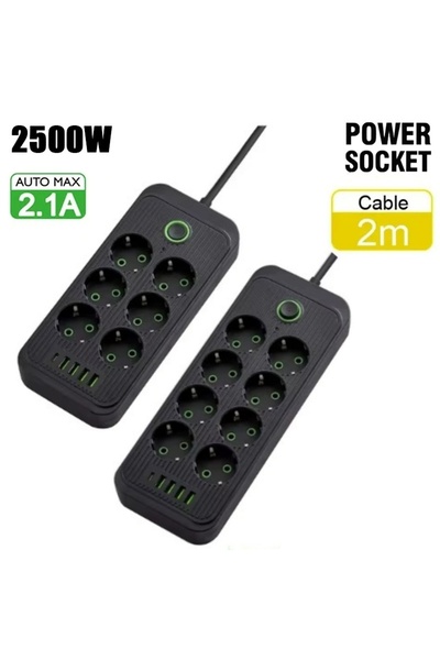 choice2 Black 6 jacks Universal 2500W Power Strip with 2M Extension Cord 6/8 ...