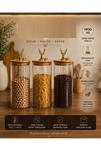 Qerhome 3-Piece Borosilicate Glass Jar with Gold Deer Figure and Bamboo Lid 1...