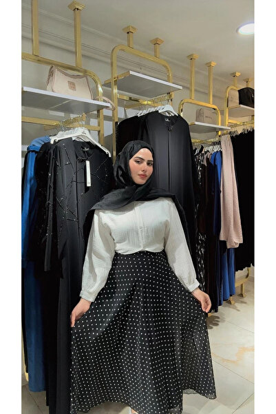 Butik Siyah Şifon Kumaş Astarlı Puantiyeli Etek Modelimiz