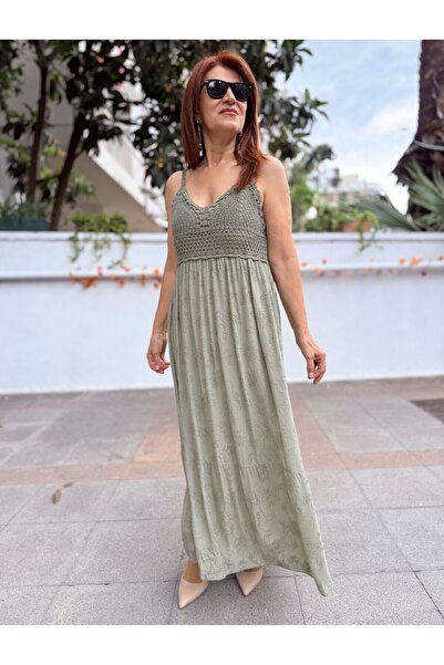DenizEge Italian Bohemian Lined Strappy Lace Dress Khaki