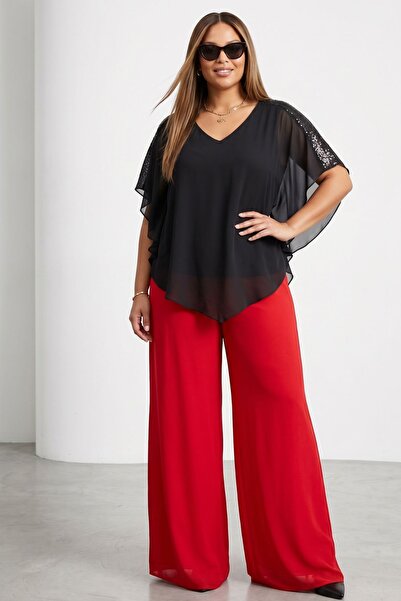 Maya Butik Kırmızı Geniş Paçalı Şifon Pantolon - 24919