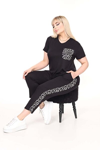 kısmet sepeti Women's Bottom-Top Short Sleeve Capri 2-Piece Black Combed Cott...