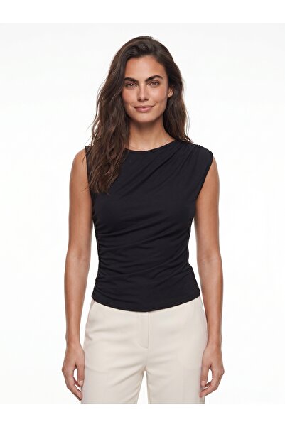 ONLOOX Black Stretchy Viscose Fabric Crew Neck Sleeveless Soft Touch Knitted ...