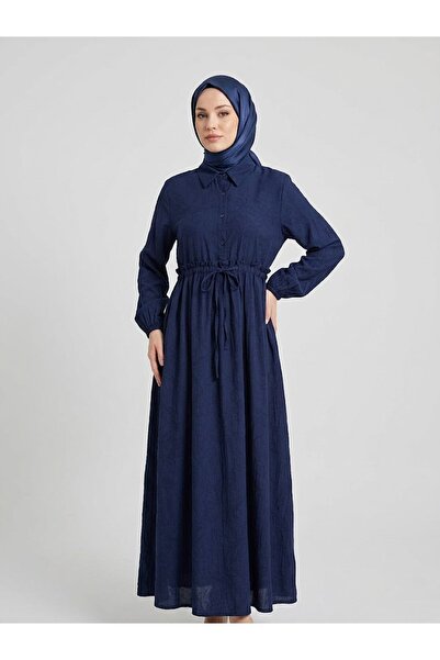 Naknaku Waist Ruffle Detail Half-Patch Dress-Navy Blue
