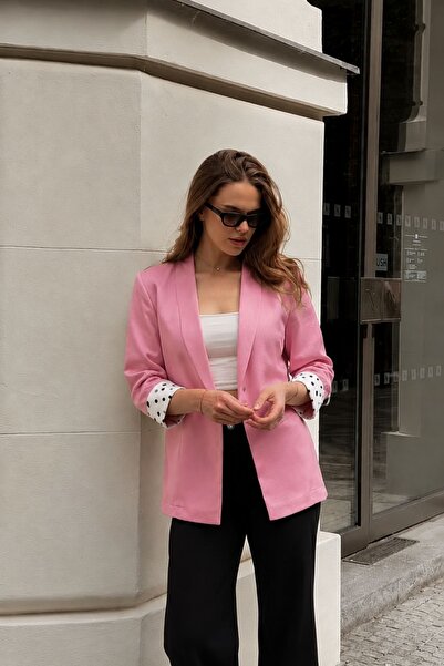 armonika Women's Pink Shawl Collar Quarter Sleeve Jacket with Polka Dot Cuffs...