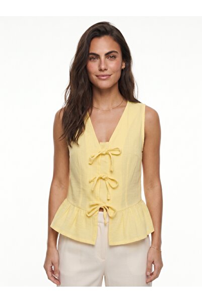 ONLOOX Lemon Yellow Cotton Muslin V-Neck Peplum Form-Fitting Sleeveless Blous...