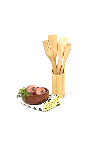 ONMART 4-Piece Bamboo Kitchen Utensils Set with wooden stand for Nonstick-Saf...