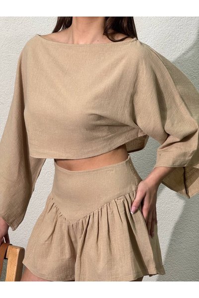 Jodtique Women's Beige Long Sleeve Shorts Set