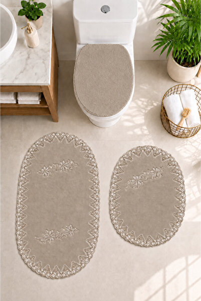 Teksev 3lü Set Vizon Fransız Dantelli Lüks Banyo Paspası Kaymaz Tabanlı Çeyiz...