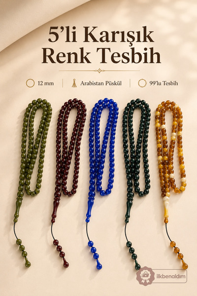 İlkbenaldim 5 Pieces of Arabia Tassel-Adorned 12 mm 99 Prayer Beads – Mixed C...