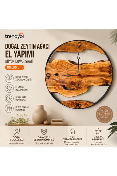 NişTasarım Büyük Boy 65x65 cm Zeytin Ağacı Duvar Saati El Yapımı Doğal Ahşap ...