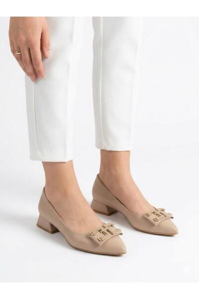 Lütfi Women's Cream Thick Heel Comfortable Fit Heeled Ballerina Shoes