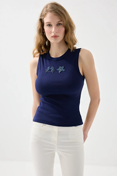 Gusto Sea-Themed Crew Neck Ribbed Cotton Undershirt - Navy Blue
