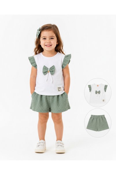 Melisa Ticaret Girl's Shorts Set White T-Shirt Green Ruffle Sleeves Bow Detail Summer Two-Piece Set